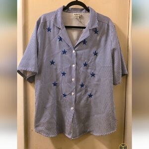 Vintage Star Embroidered Navy Stripped Button Up Shirt Patriotic USA Size M